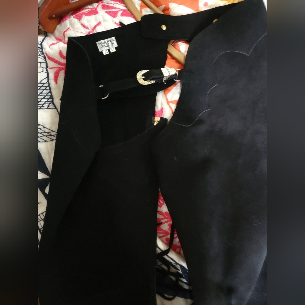 Absolutely Amazing " Hobby Horse" Black Suede Fringed Western Riding Chaps. - Picture 7 of 9